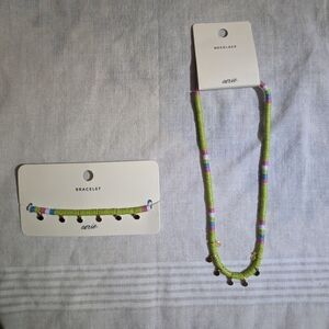 Aerie Green and Pink Beaded Necklace and Bracelet Set